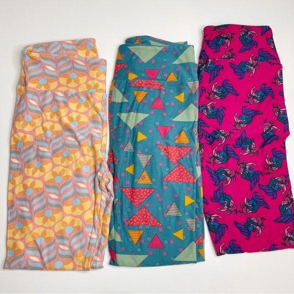 LuLaRoe Leggings OS One Size Set of 3 Pink Flowers, Blue Triangles, Beta Fish - Picture 1 of 7